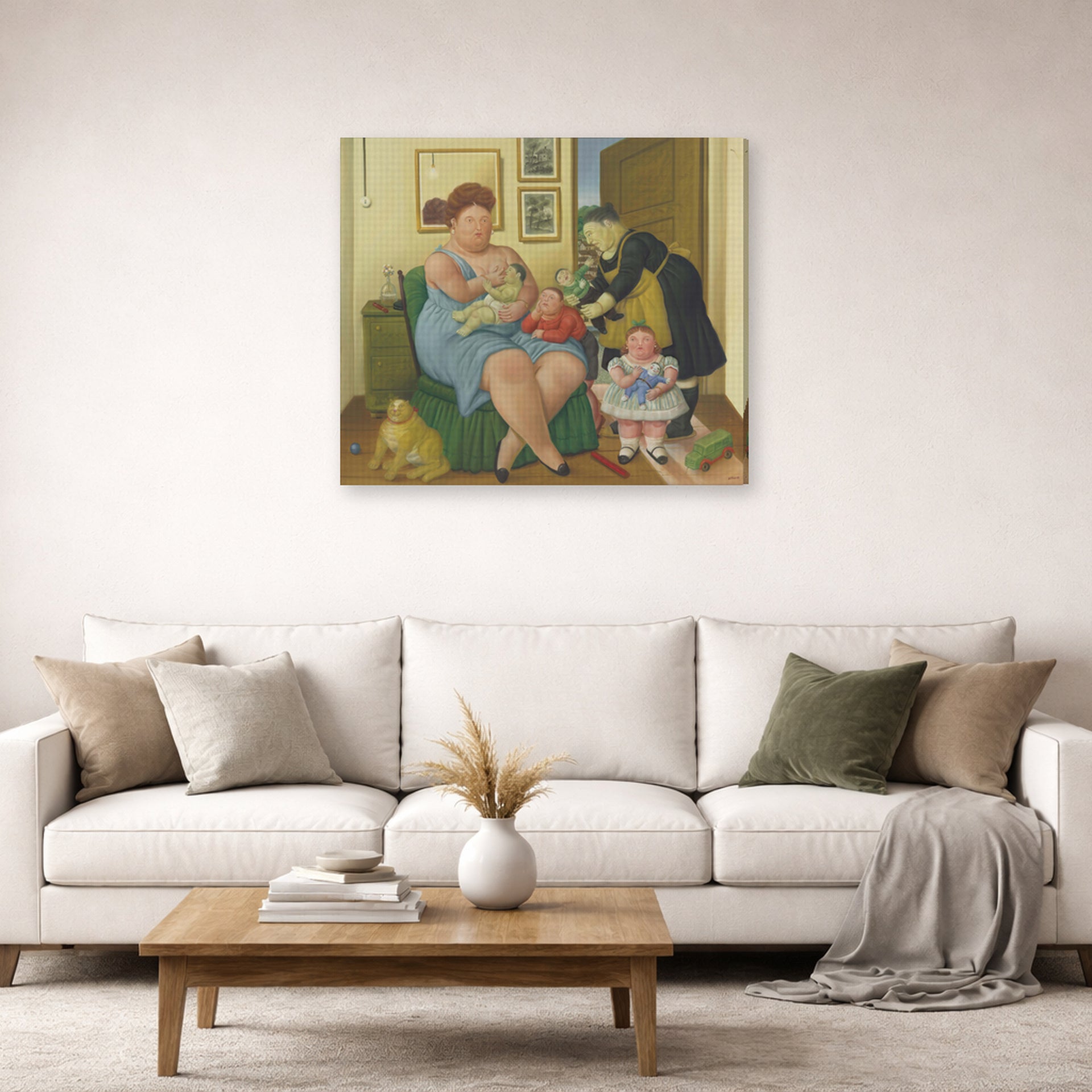 Gallery-wrapped canvas print of Fernando Botero's Family displayed on a wall in a living room