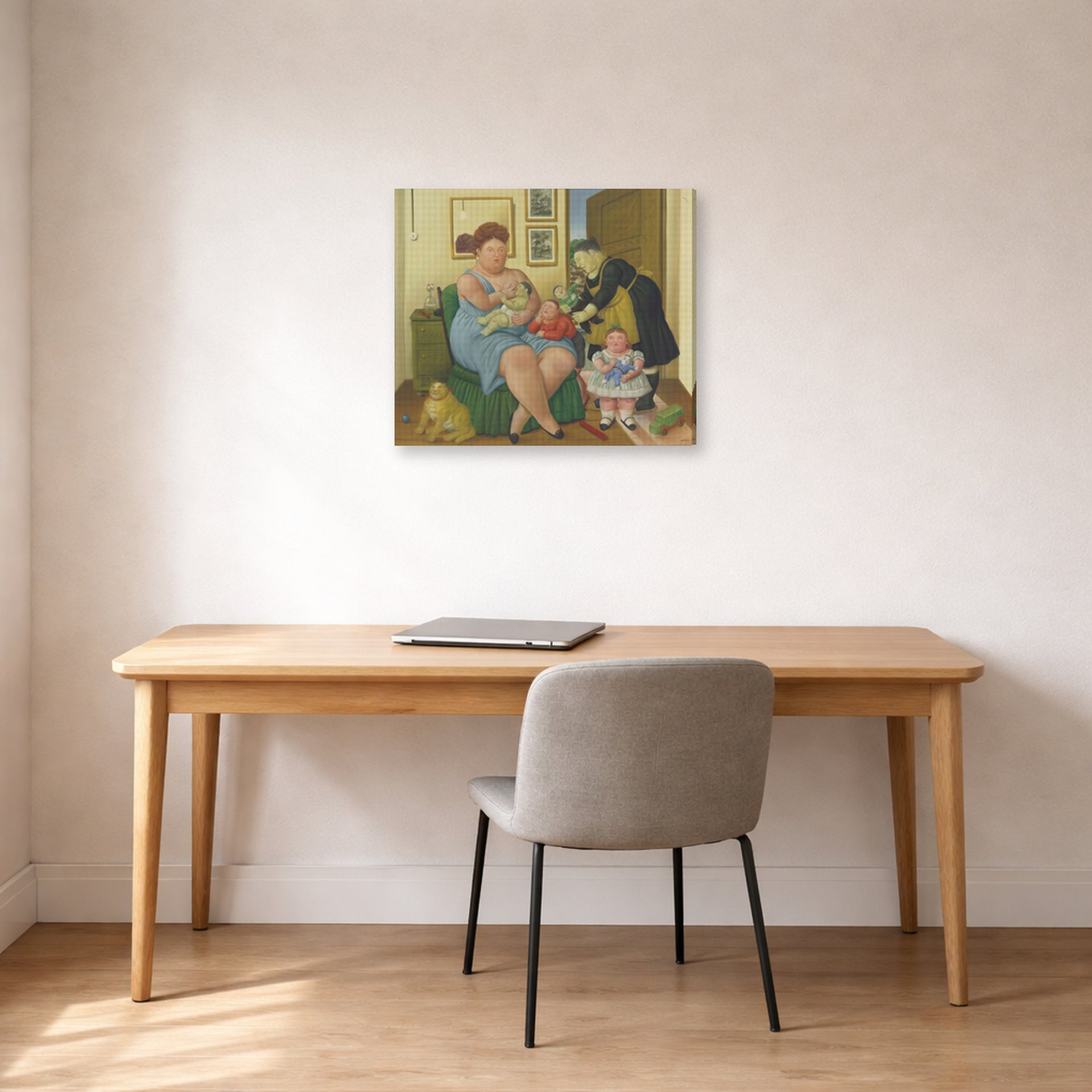 Gallery-wrapped canvas print of Fernando Botero's Family displayed on a wall in a home office