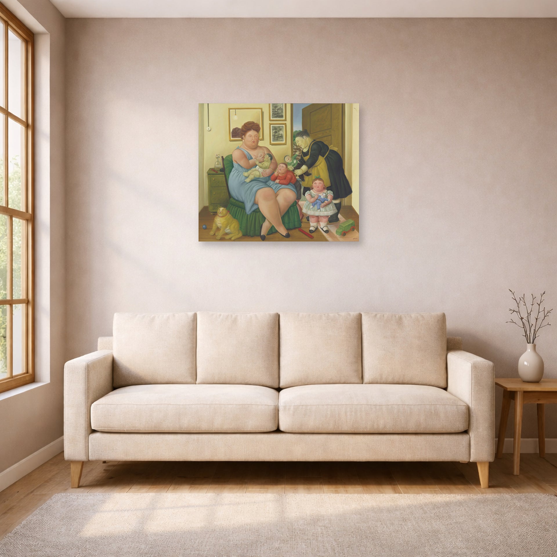 Unframed poster print of Fernando Botero's Family displayed on a wall in a living room