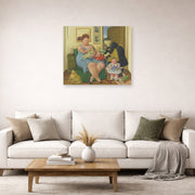 Unframed poster print of Fernando Botero's Family displayed on a wall in a living room