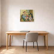 Unframed poster print of Fernando Botero's Family displayed on a wall in a home office
