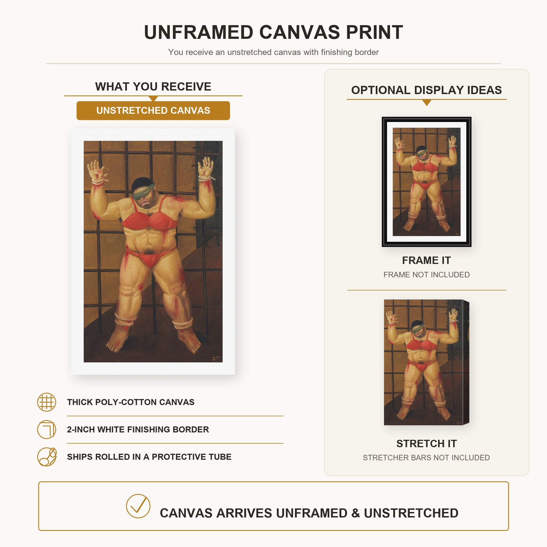 Fernando Botero - Abu Ghraib canvas print size comparison and framing display infographic