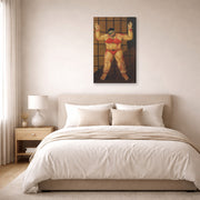 Gallery-wrapped canvas print of Fernando Botero's Abu Ghraib displayed on a wall in a bedroom