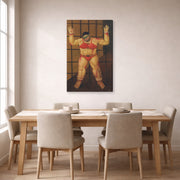 Gallery-wrapped canvas print of Fernando Botero's Abu Ghraib displayed on a wall in a dining room