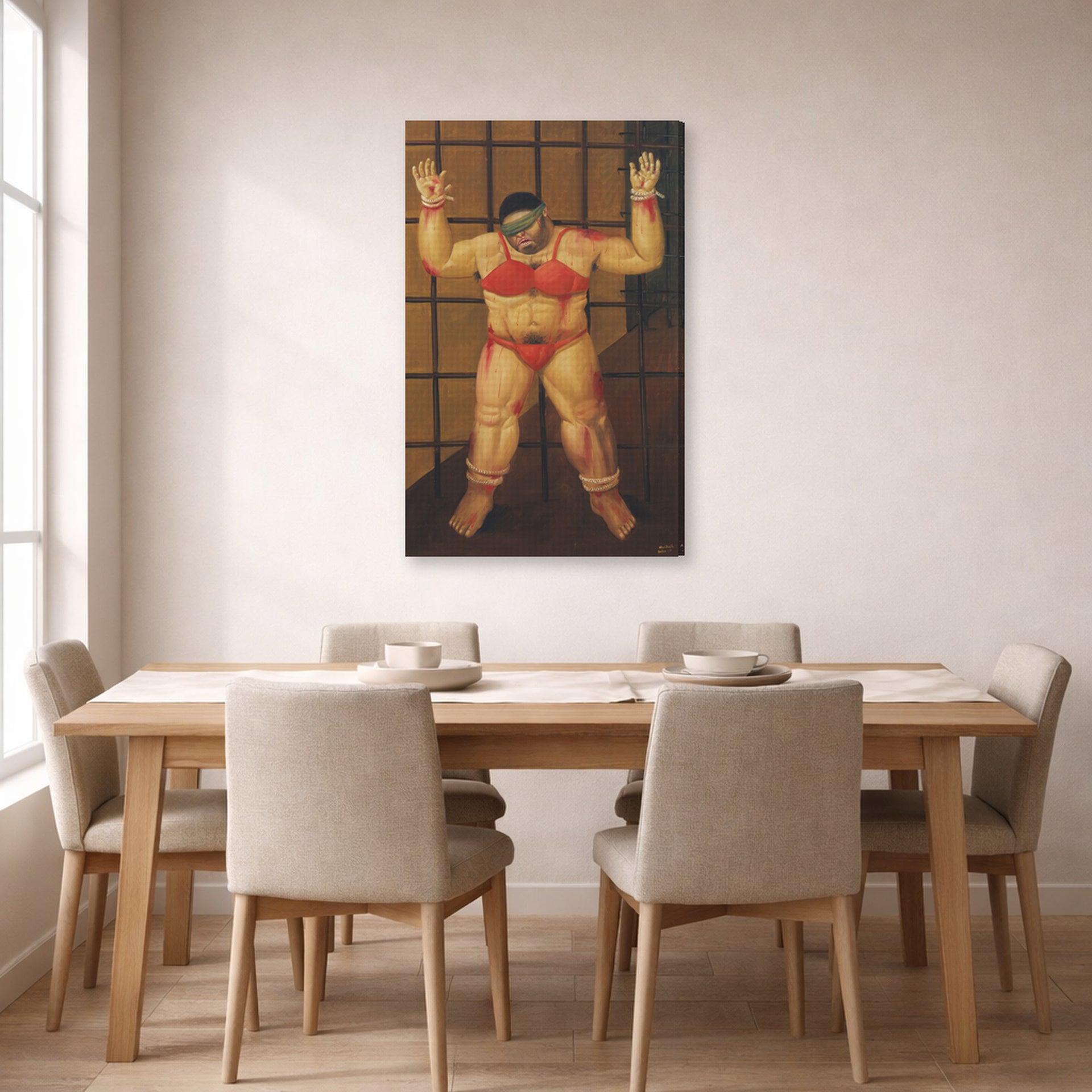 Gallery-wrapped canvas print of Fernando Botero's Abu Ghraib displayed on a wall in a dining room