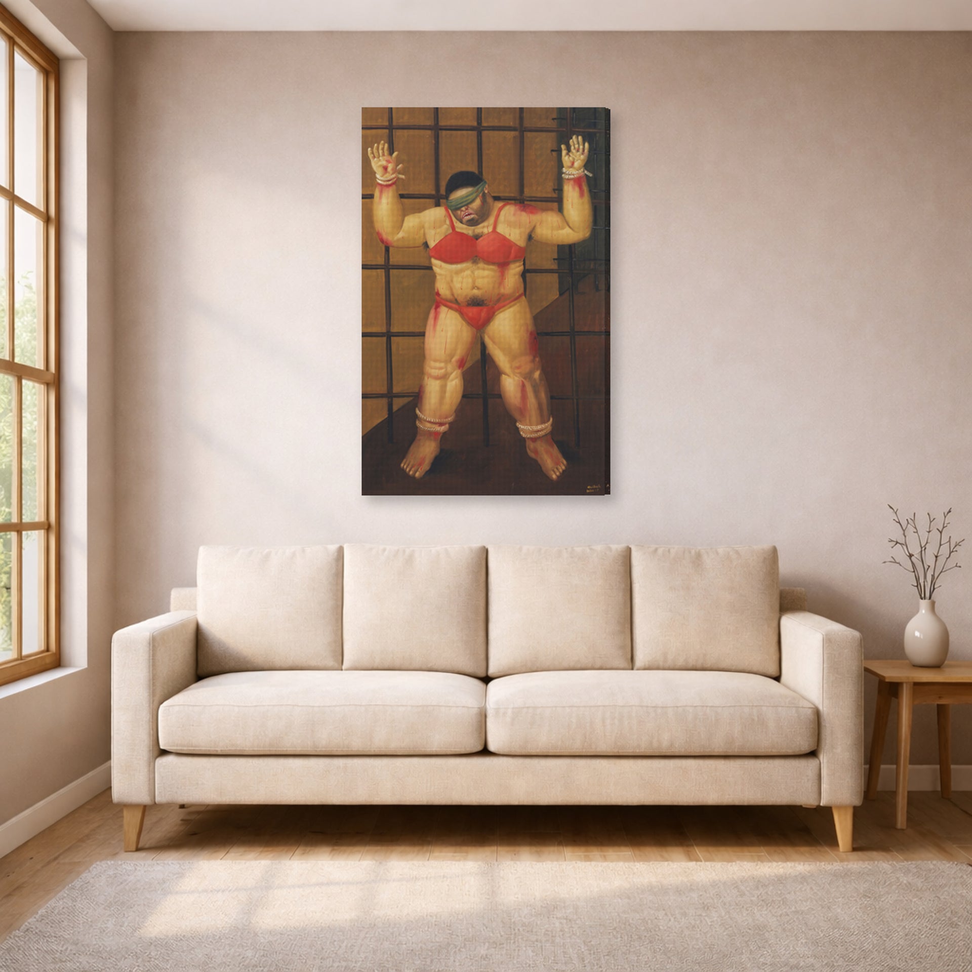 Gallery-wrapped canvas print of Fernando Botero's Abu Ghraib displayed on a wall in a living room