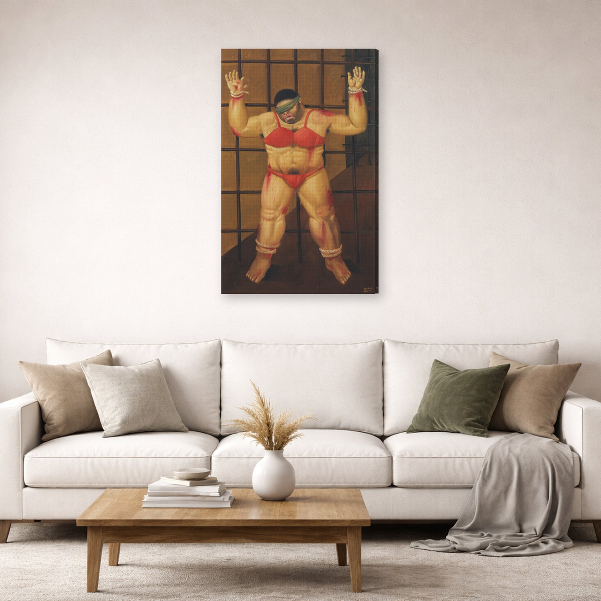 Gallery-wrapped canvas print of Fernando Botero's Abu Ghraib displayed on a wall in a living room