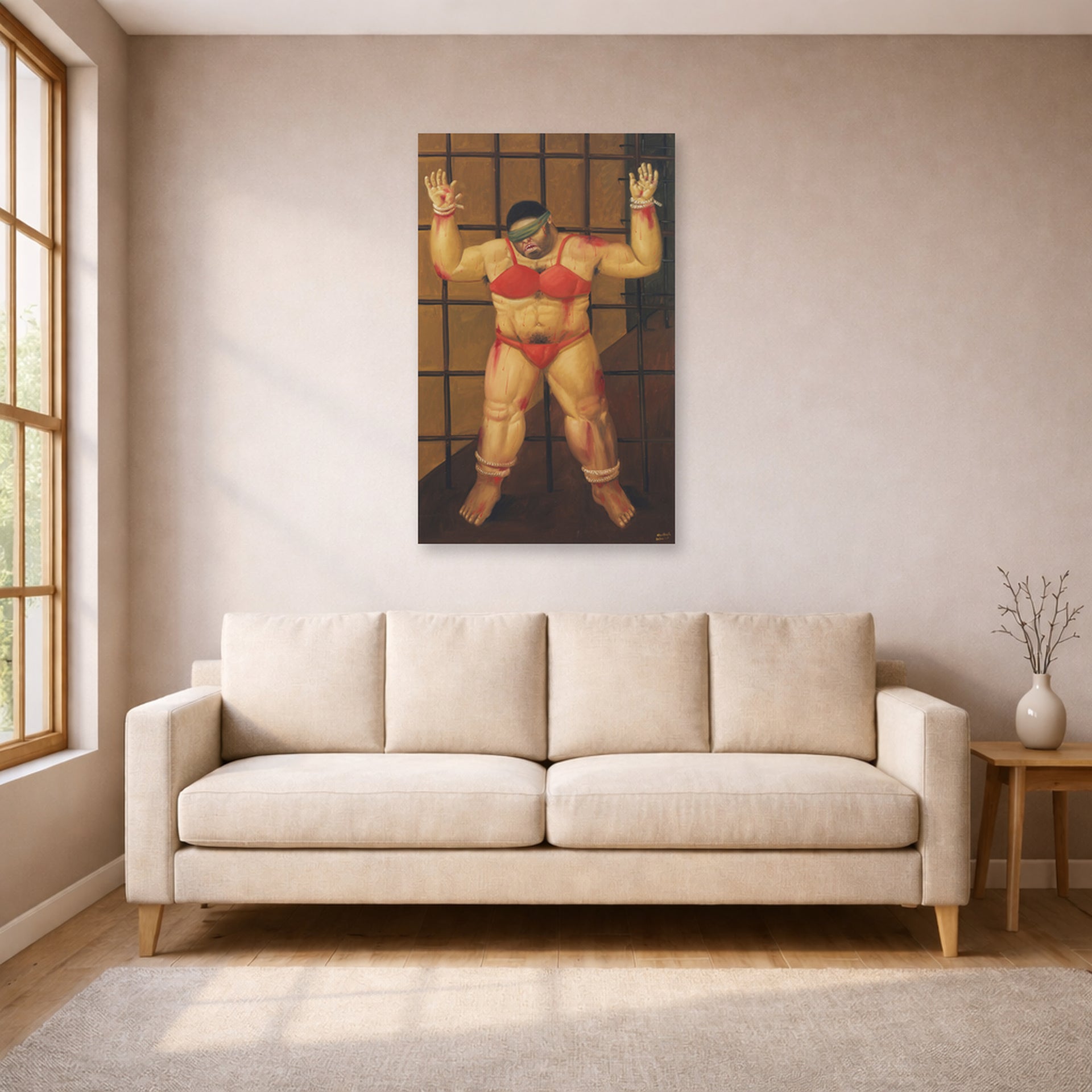 Unframed poster print of Fernando Botero's Abu Ghraib displayed on a wall in a living room