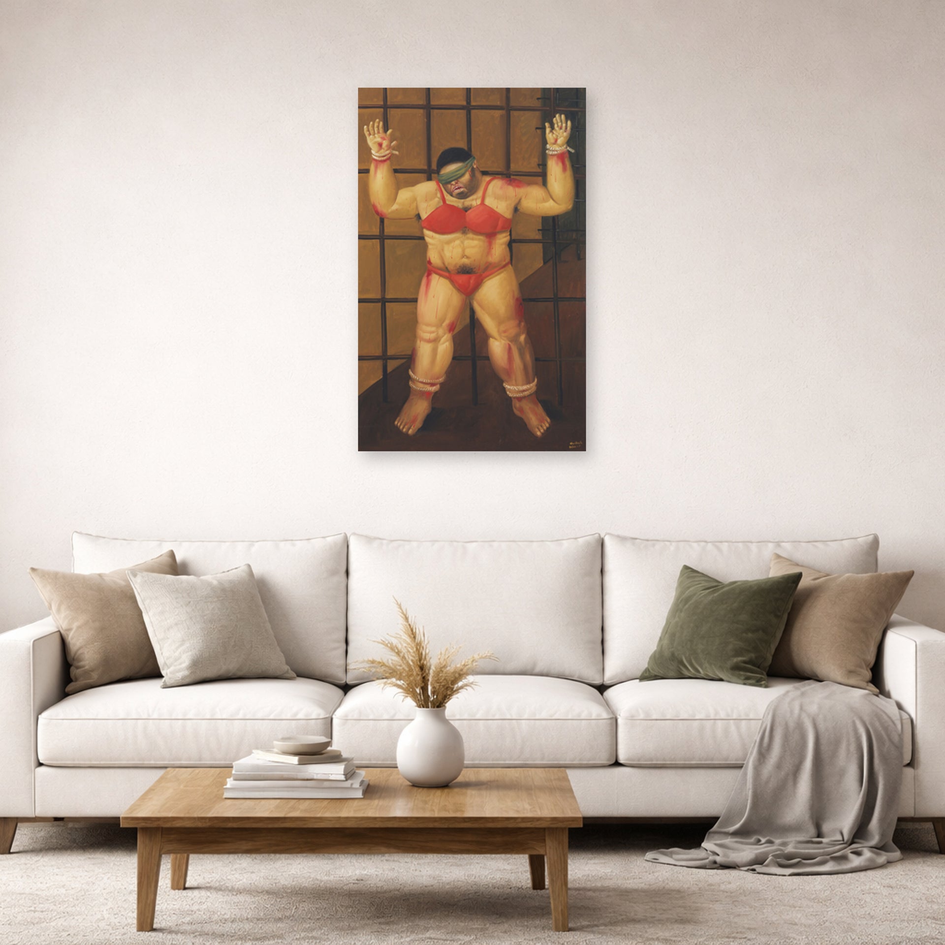 Unframed poster print of Fernando Botero's Abu Ghraib displayed on a wall in a living room