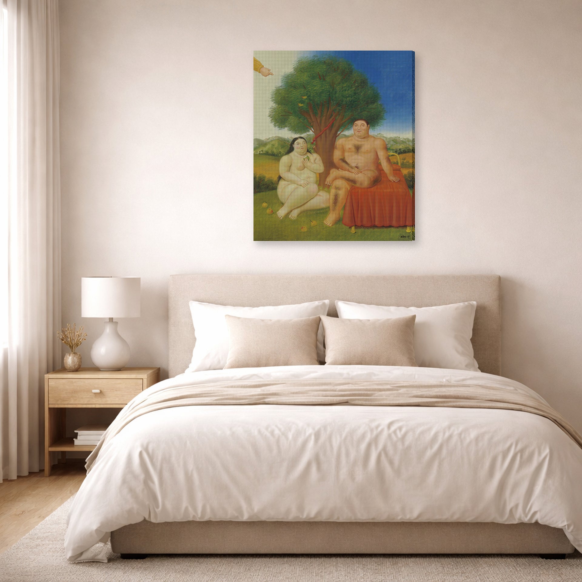 Gallery-wrapped canvas print of Fernando Botero's Adam and Eve displayed on a wall in a bedroom