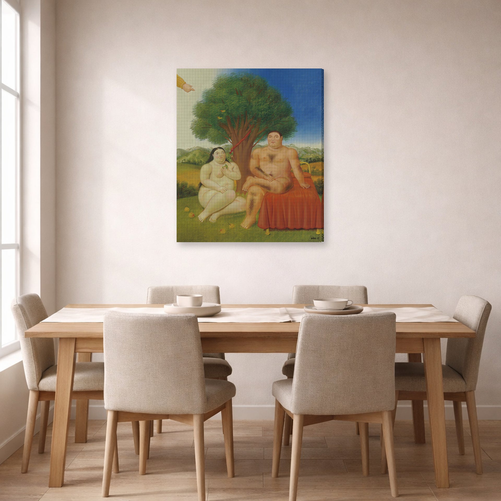 Gallery-wrapped canvas print of Fernando Botero's Adam and Eve displayed on a wall in a dining room