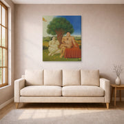 Gallery-wrapped canvas print of Fernando Botero's Adam and Eve displayed on a wall in a living room