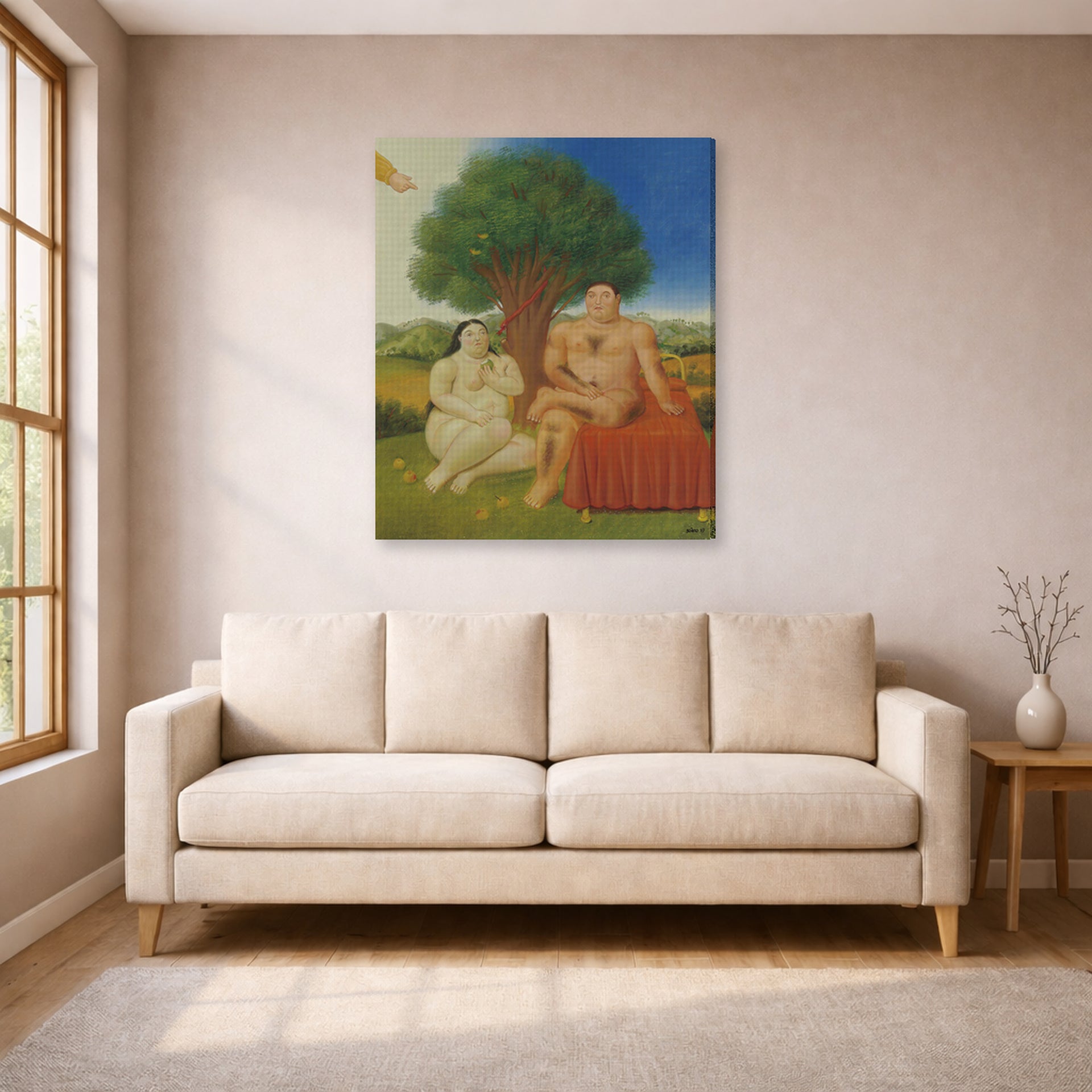 Gallery-wrapped canvas print of Fernando Botero's Adam and Eve displayed on a wall in a living room