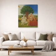 Gallery-wrapped canvas print of Fernando Botero's Adam and Eve displayed on a wall in a living room