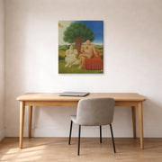 Gallery-wrapped canvas print of Fernando Botero's Adam and Eve displayed on a wall in a home office