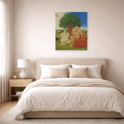 Unframed poster print of Fernando Botero's Adam and Eve displayed on a wall in a bedroom
