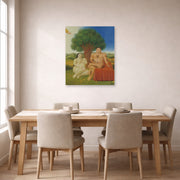 Unframed poster print of Fernando Botero's Adam and Eve displayed on a wall in a dining room