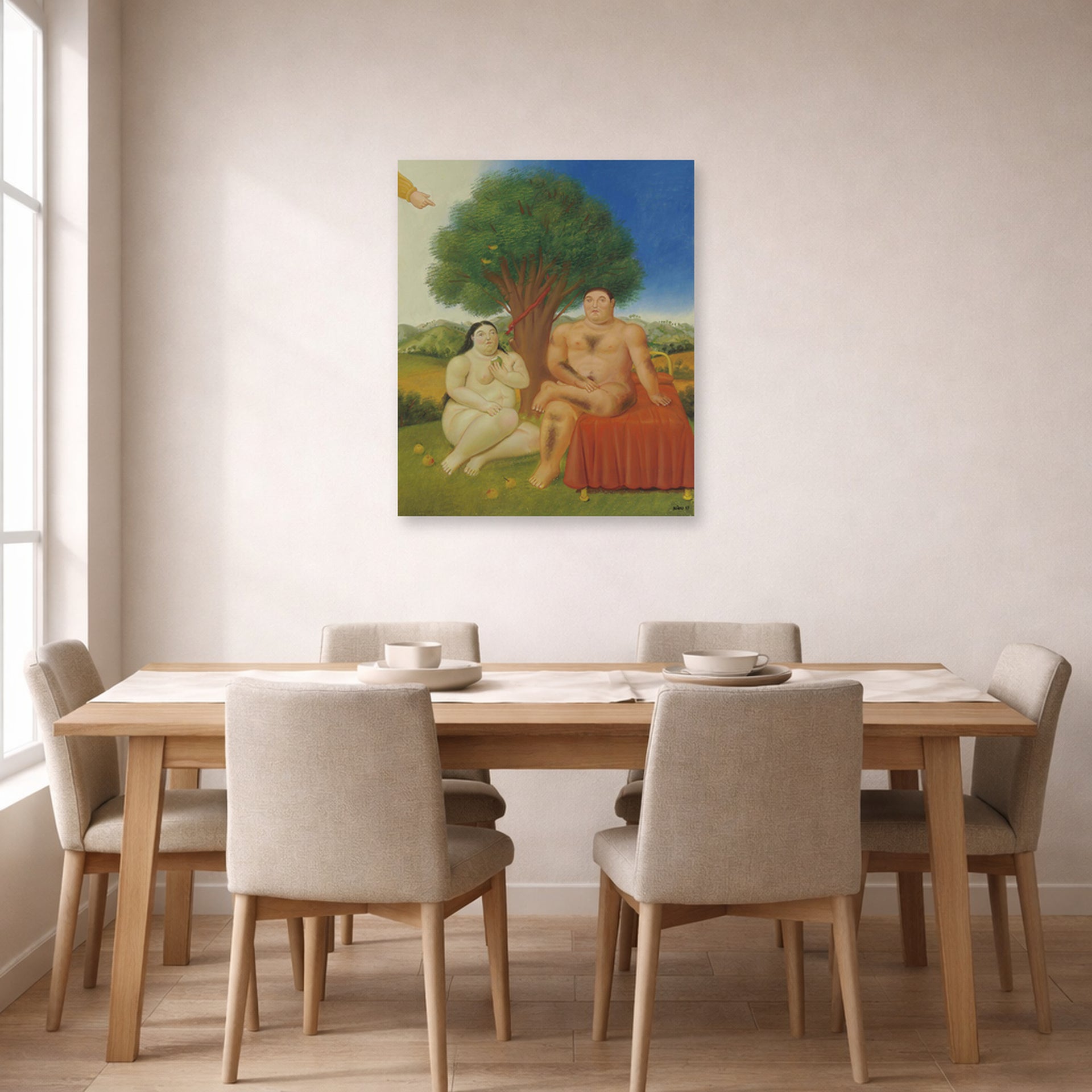 Unframed poster print of Fernando Botero's Adam and Eve displayed on a wall in a dining room