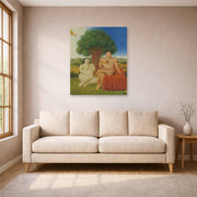 Unframed poster print of Fernando Botero's Adam and Eve displayed on a wall in a living room
