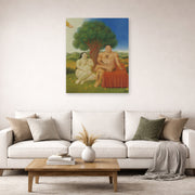 Unframed poster print of Fernando Botero's Adam and Eve displayed on a wall in a living room
