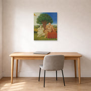 Unframed poster print of Fernando Botero's Adam and Eve displayed on a wall in a home office