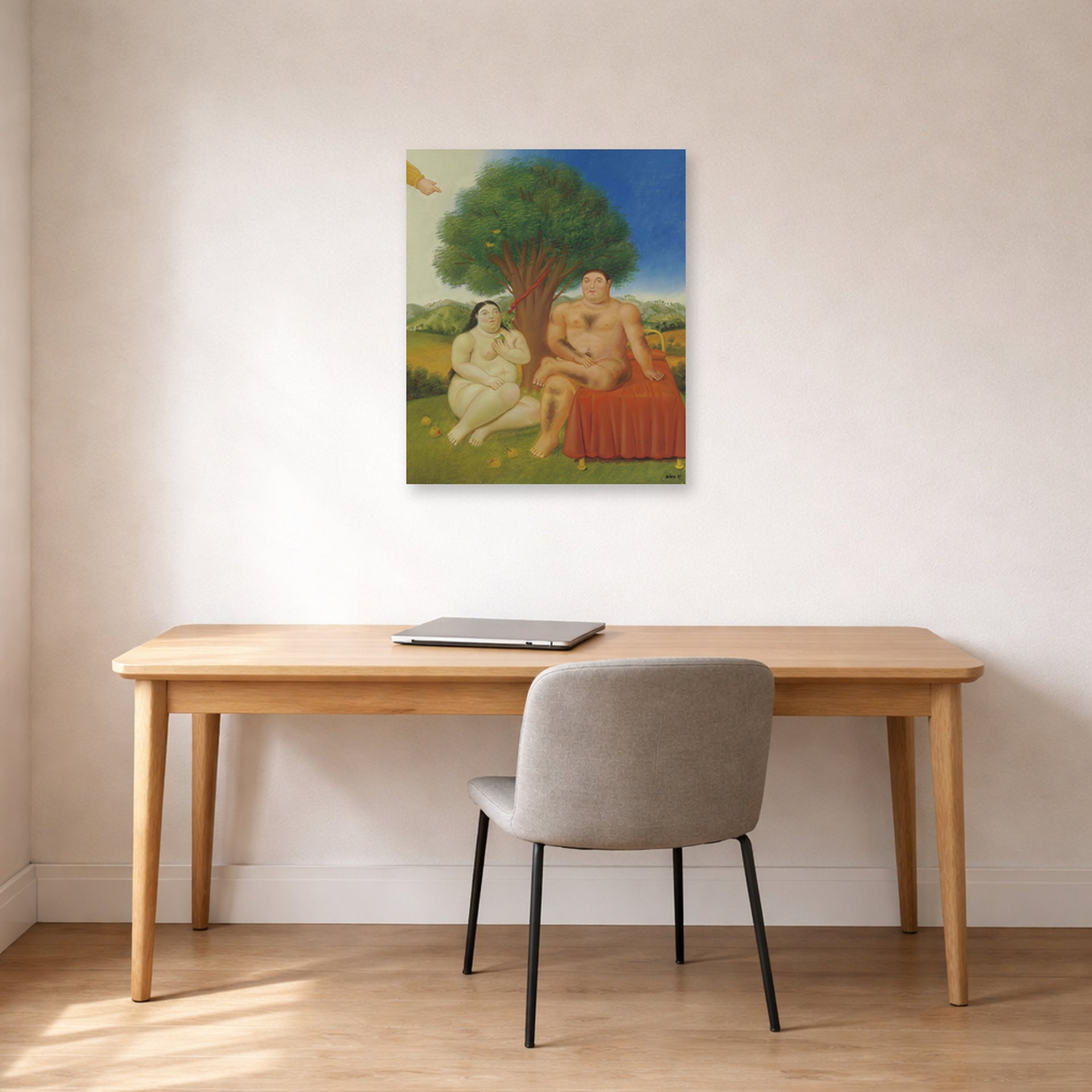 Unframed poster print of Fernando Botero's Adam and Eve displayed on a wall in a home office