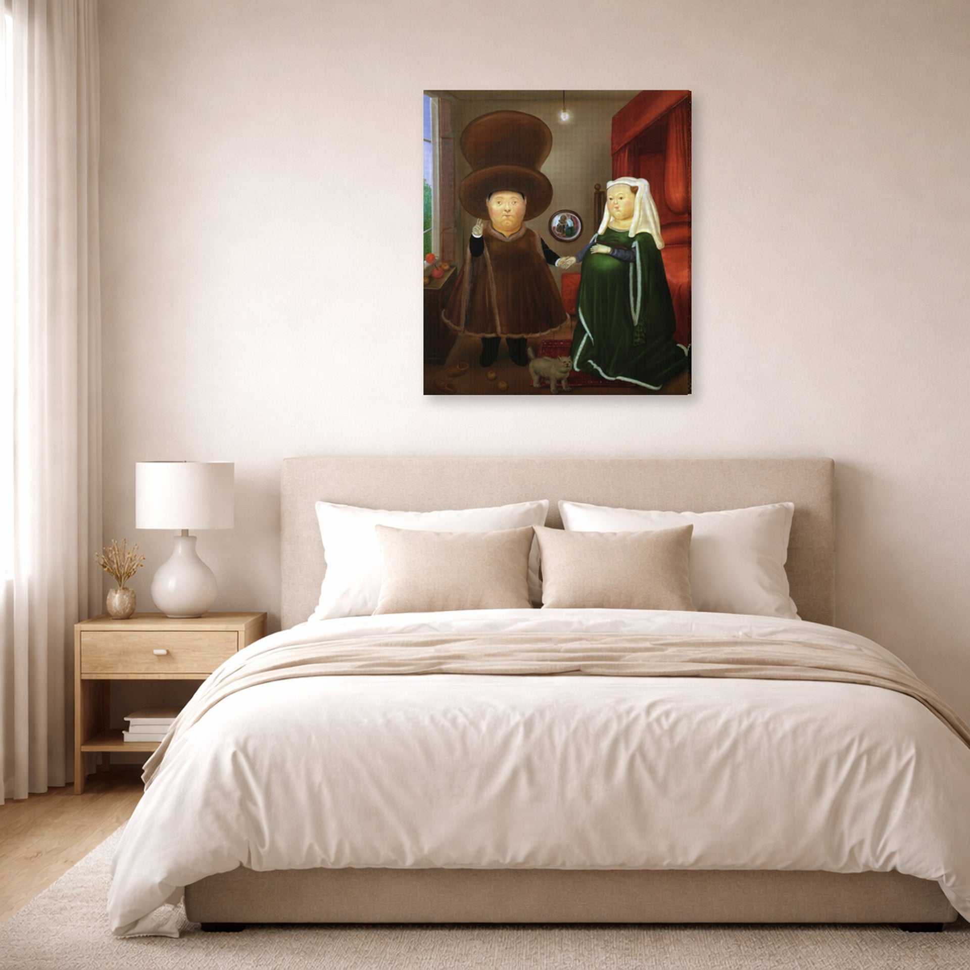 Gallery-wrapped canvas print of Fernando Botero's After the Arnolfini Van Eyck displayed on a wall in a bedroom
