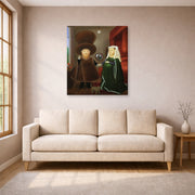 Gallery-wrapped canvas print of Fernando Botero's After the Arnolfini Van Eyck displayed on a wall in a living room