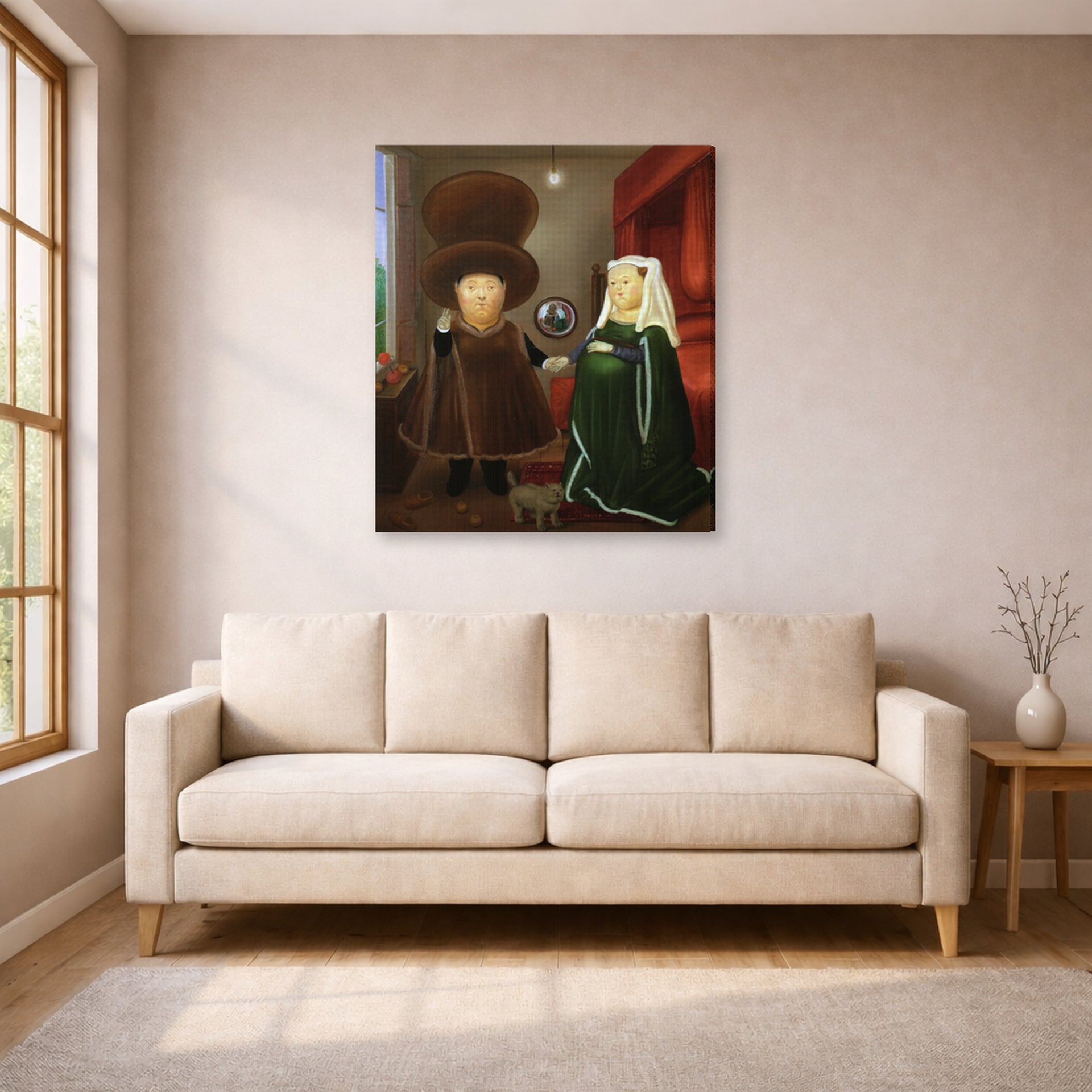 Gallery-wrapped canvas print of Fernando Botero's After the Arnolfini Van Eyck displayed on a wall in a living room