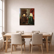 Unframed poster print of Fernando Botero's After the Arnolfini Van Eyck displayed on a wall in a dining room