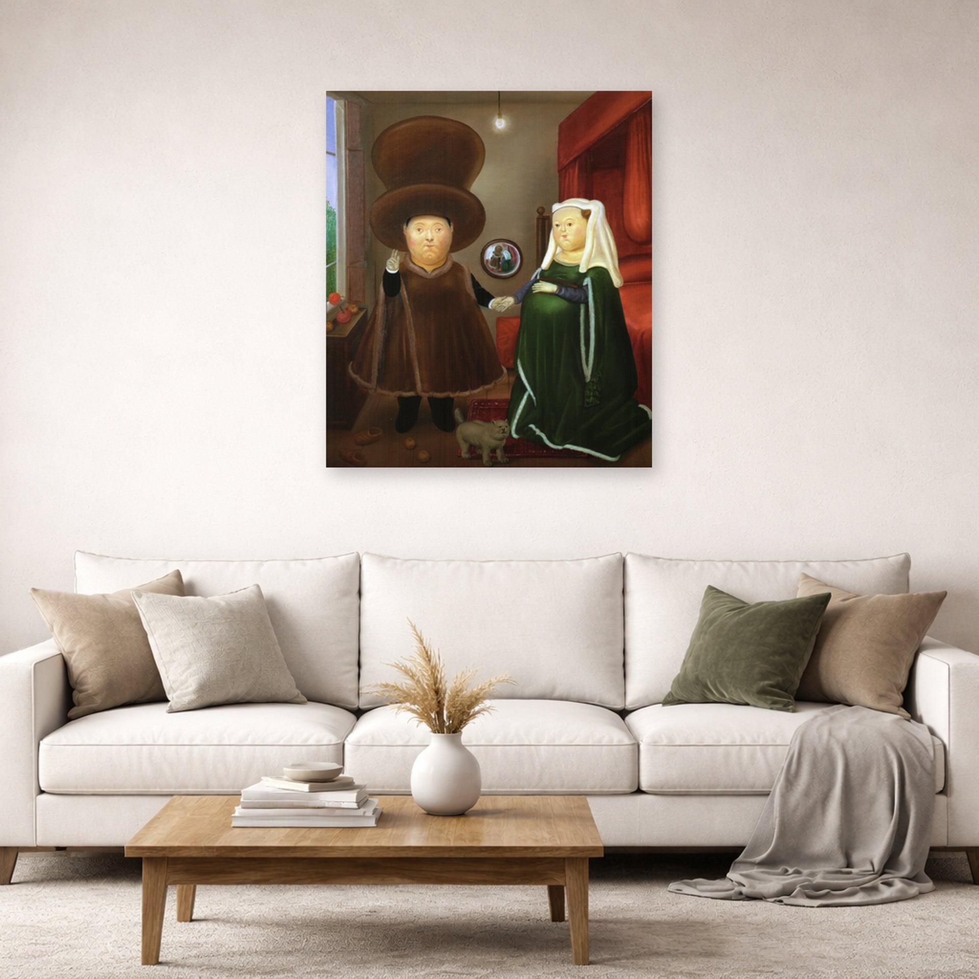 Unframed poster print of Fernando Botero's After the Arnolfini Van Eyck displayed on a wall in a living room