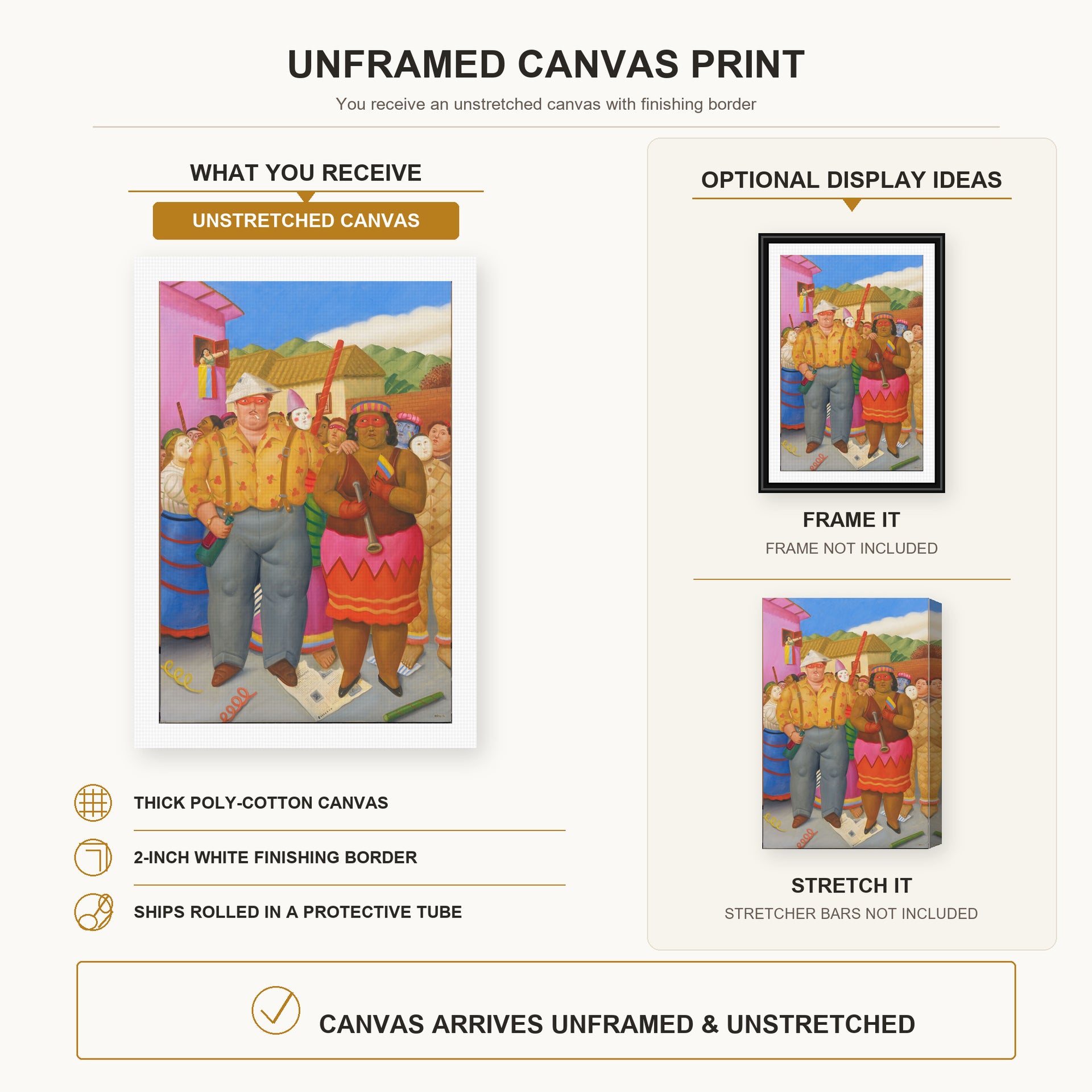 Fernando Botero - At the Grande Dame canvas print size comparison and framing display infographic