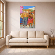 Gallery-wrapped canvas print of Fernando Botero's At the Grande Dame displayed on a wall in a living room