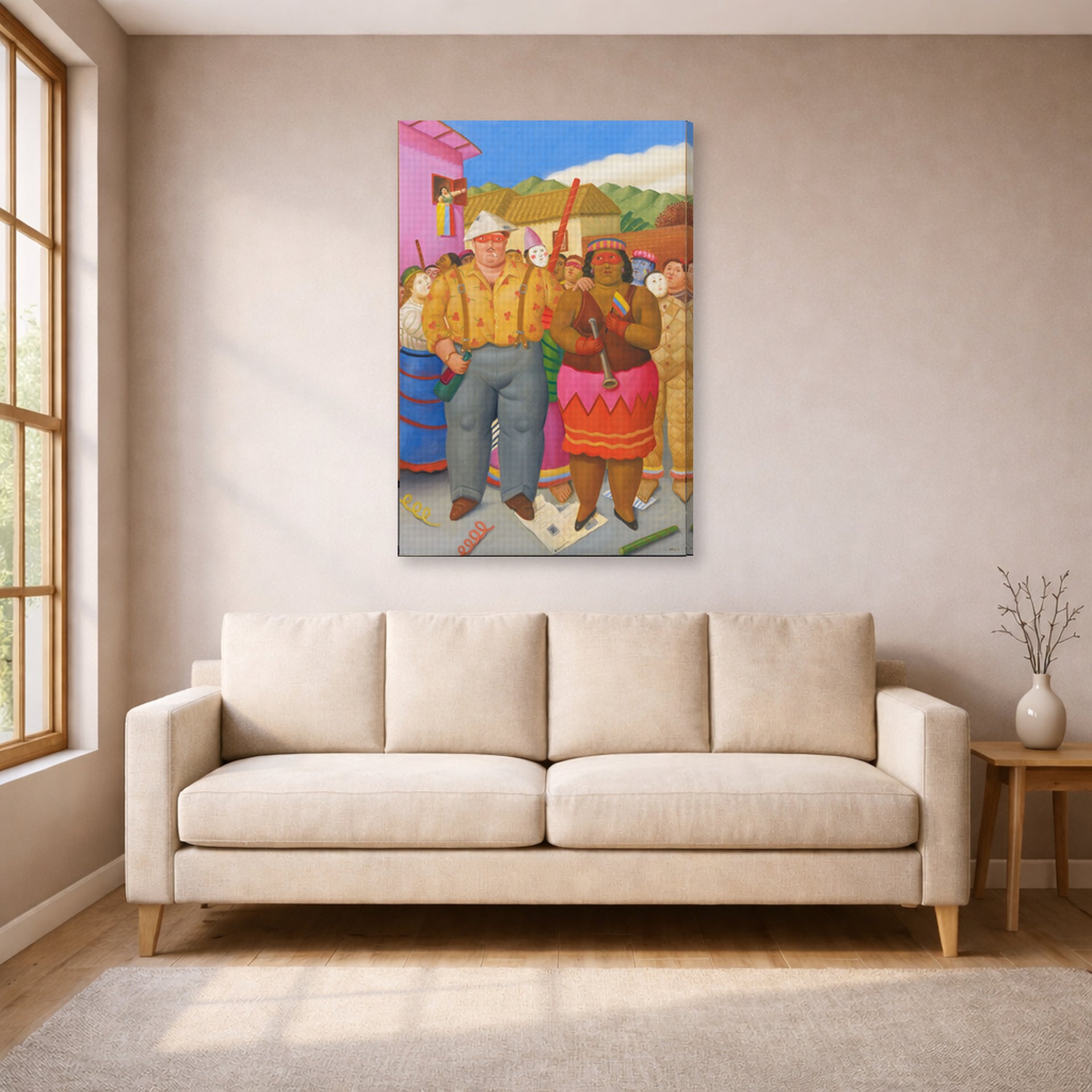 Gallery-wrapped canvas print of Fernando Botero's At the Grande Dame displayed on a wall in a living room