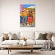 Gallery-wrapped canvas print of Fernando Botero's At the Grande Dame displayed on a wall in a living room