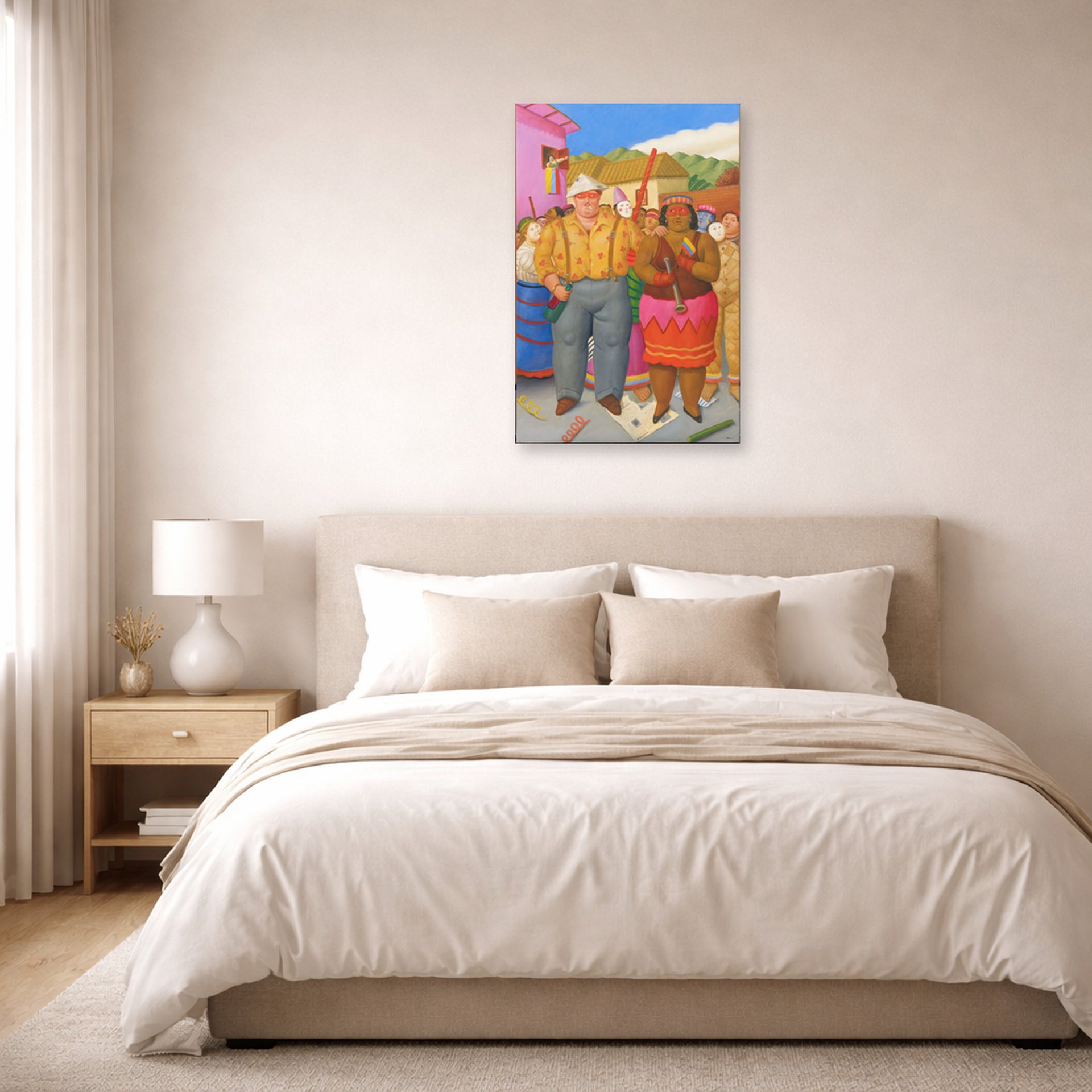 Unframed poster print of Fernando Botero's At the Grande Dame displayed on a wall in a bedroom