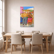 Unframed poster print of Fernando Botero's At the Grande Dame displayed on a wall in a dining room