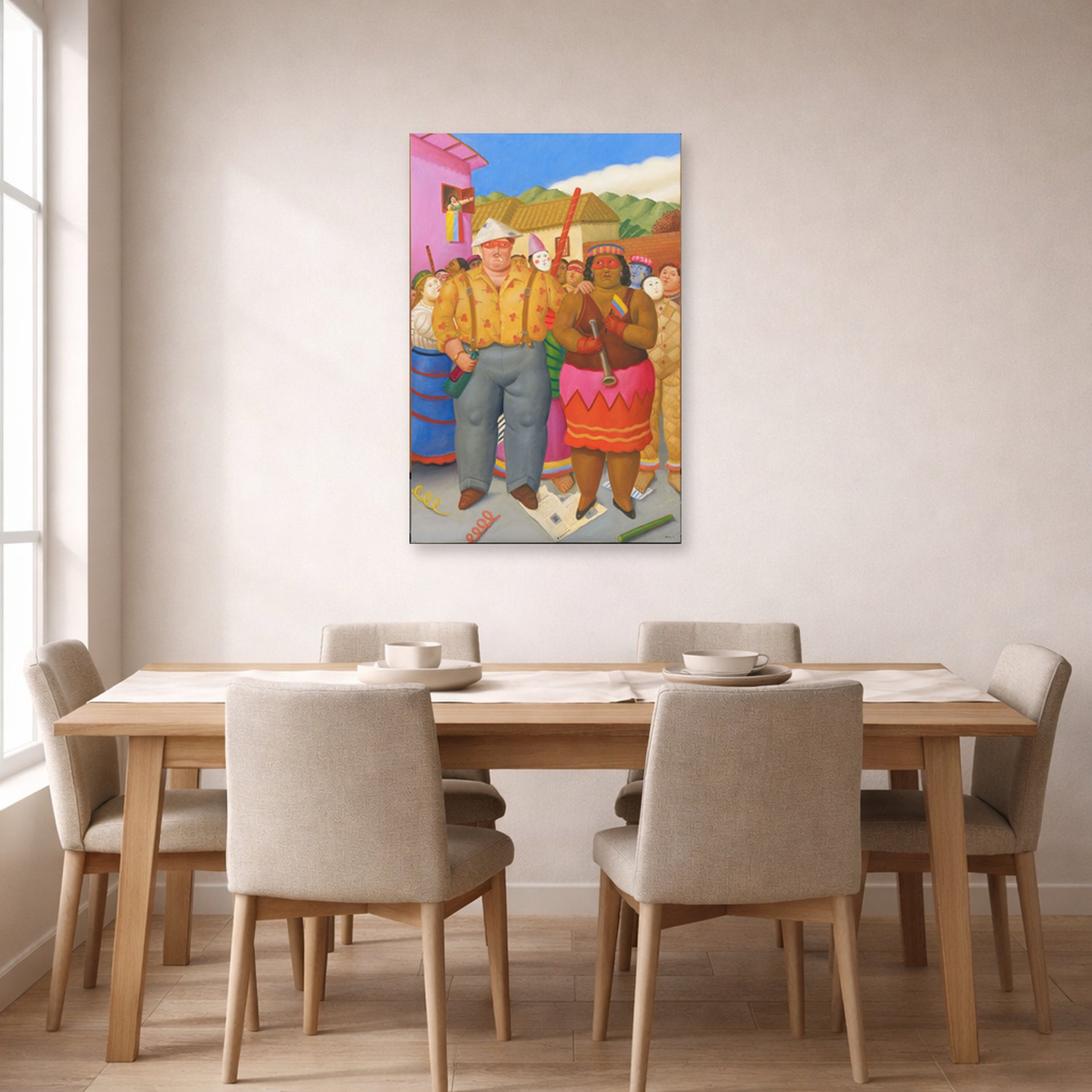 Unframed poster print of Fernando Botero's At the Grande Dame displayed on a wall in a dining room