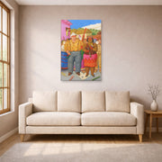 Unframed poster print of Fernando Botero's At the Grande Dame displayed on a wall in a living room
