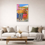 Unframed poster print of Fernando Botero's At the Grande Dame displayed on a wall in a living room