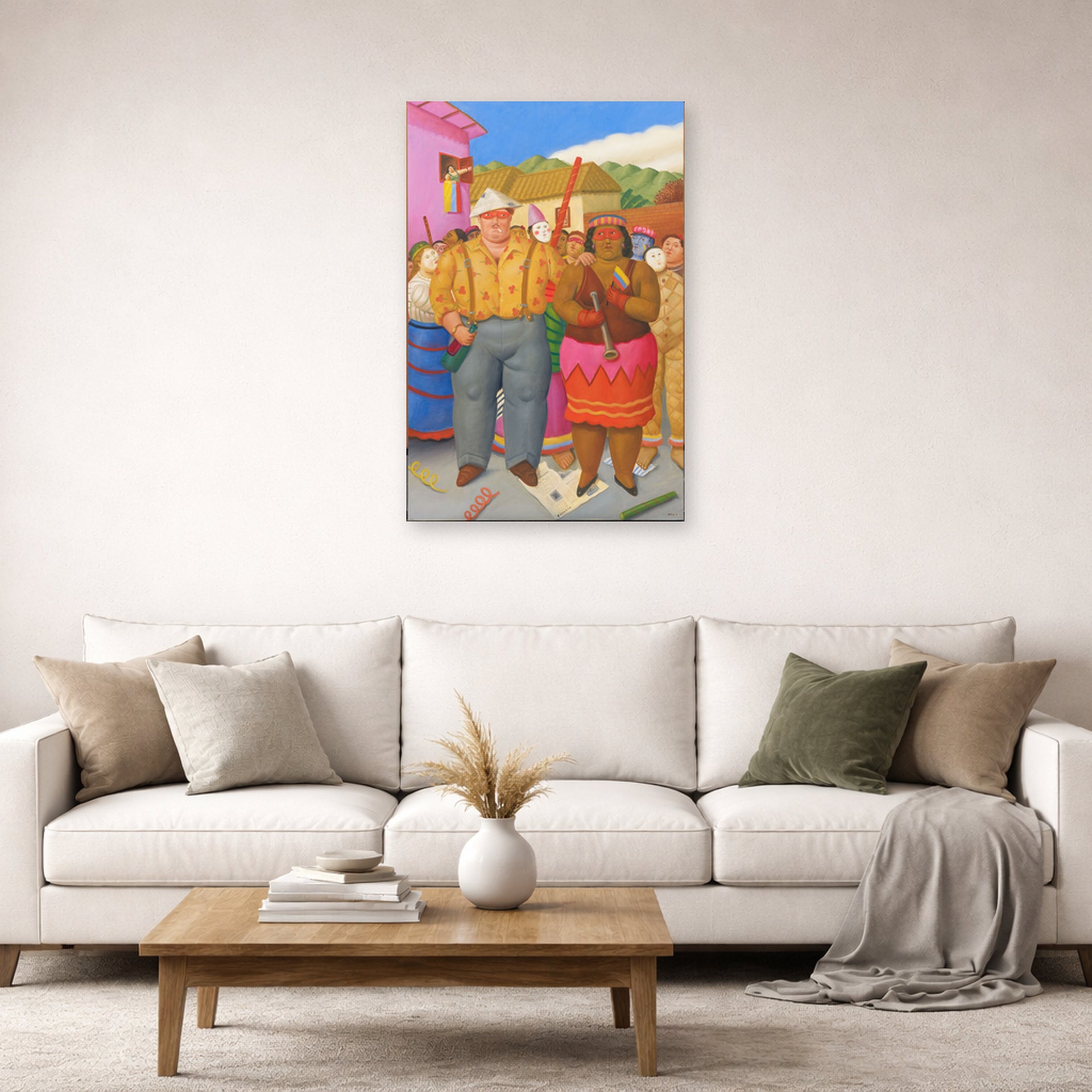 Unframed poster print of Fernando Botero's At the Grande Dame displayed on a wall in a living room