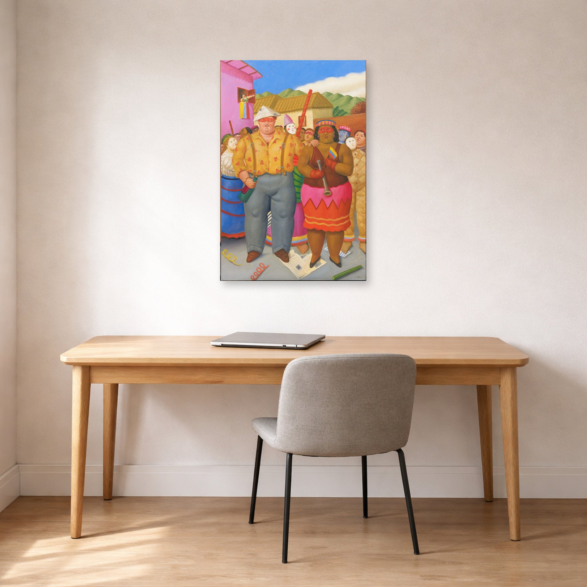 Unframed poster print of Fernando Botero's At the Grande Dame displayed on a wall in a home office