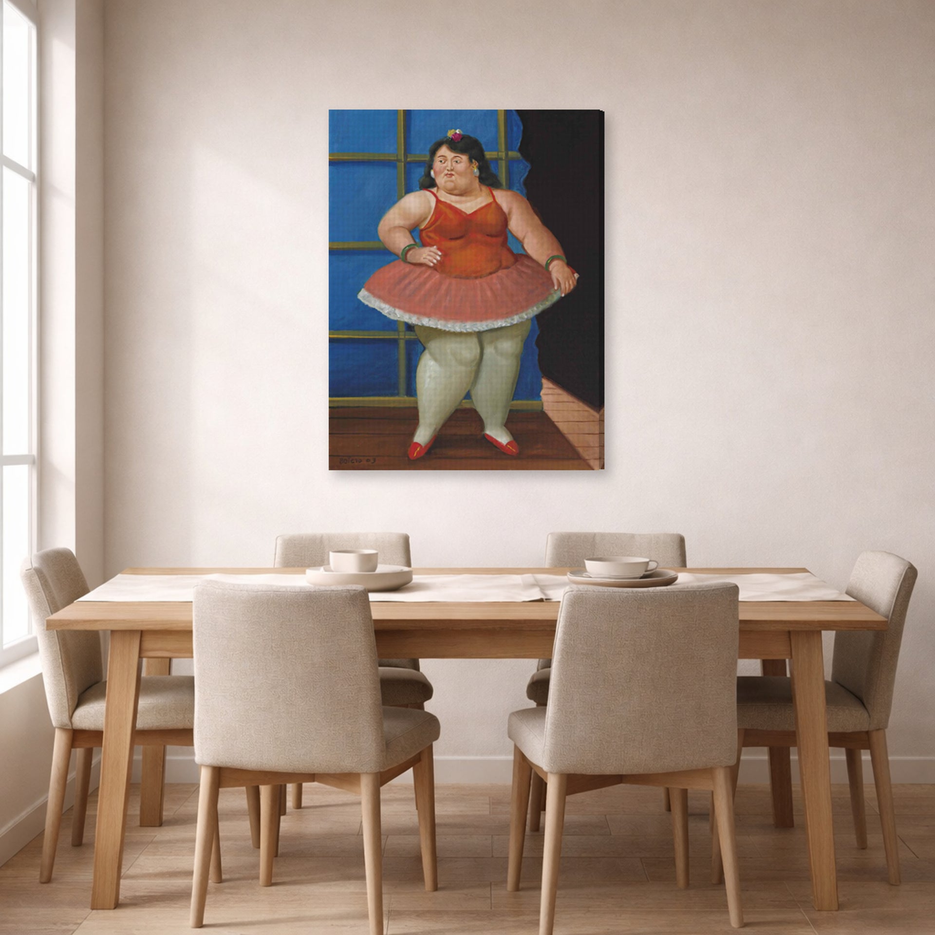 Gallery-wrapped canvas print of Fernando Botero's Ballerina displayed on a wall in a dining room