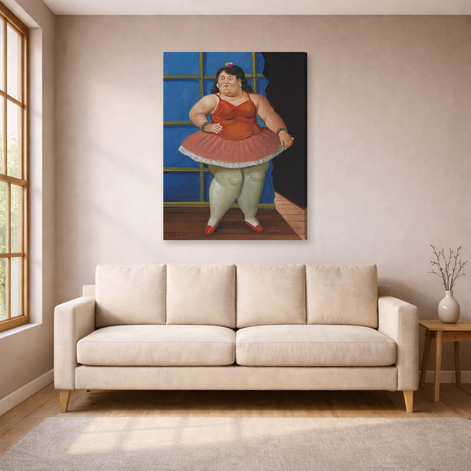 Gallery-wrapped canvas print of Fernando Botero's Ballerina displayed on a wall in a living room