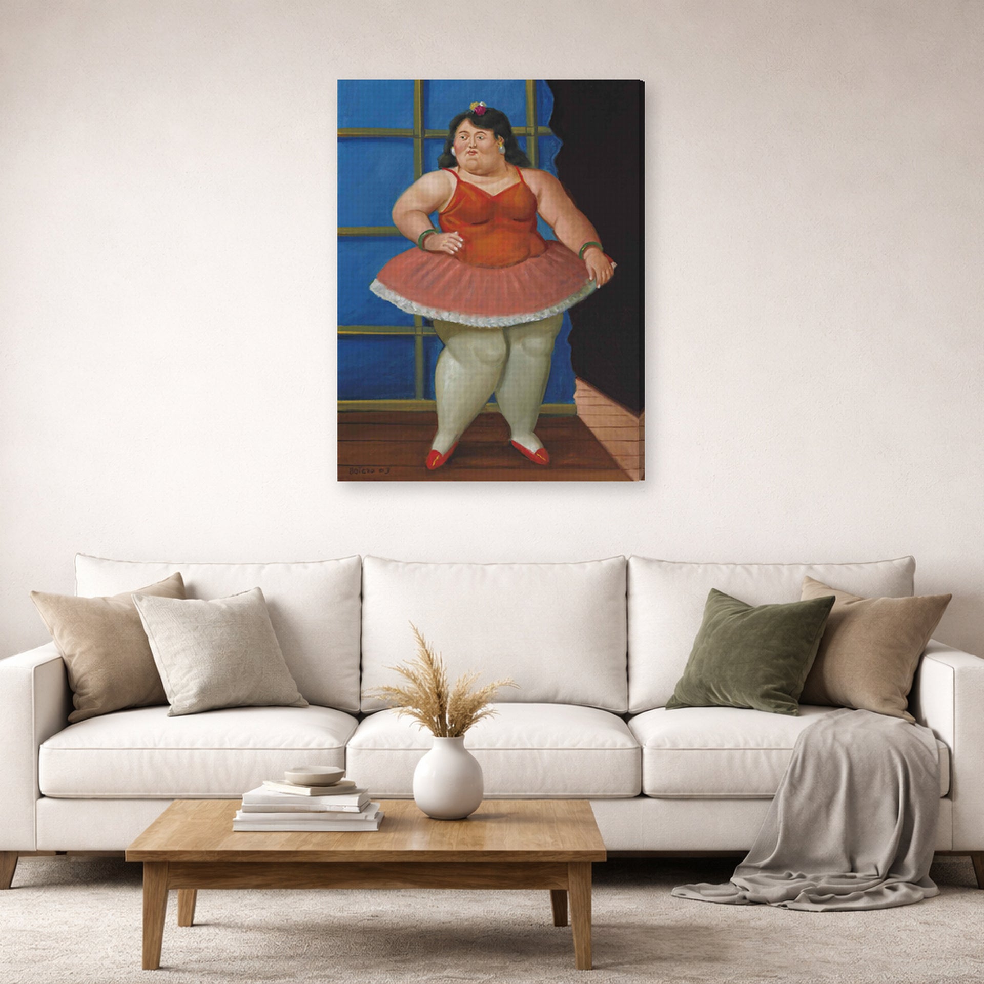 Gallery-wrapped canvas print of Fernando Botero's Ballerina displayed on a wall in a living room