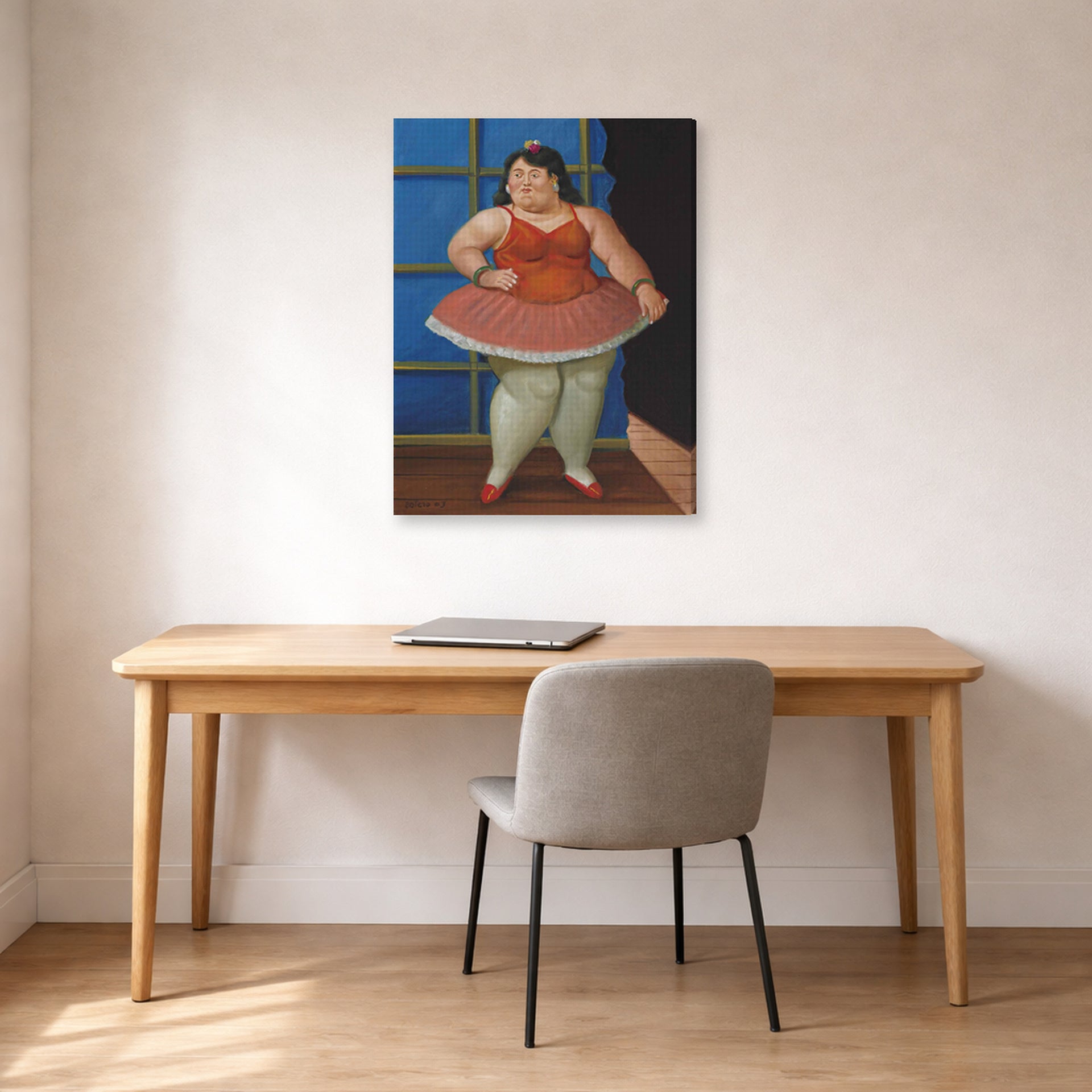 Gallery-wrapped canvas print of Fernando Botero's Ballerina displayed on a wall in a home office