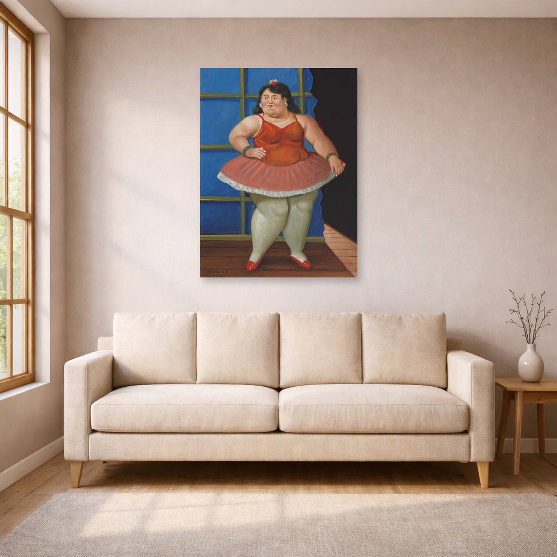 Unframed poster print of Fernando Botero's Ballerina displayed on a wall in a living room