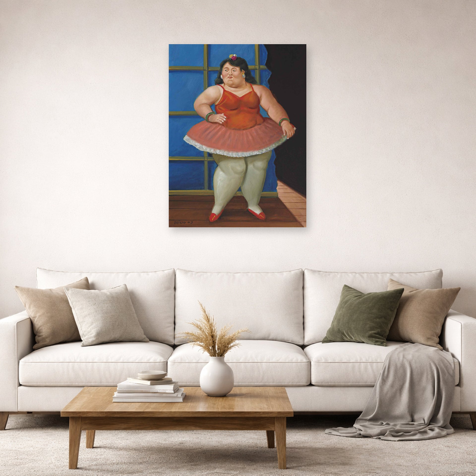 Unframed poster print of Fernando Botero's Ballerina displayed on a wall in a living room