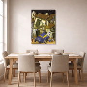 Gallery-wrapped canvas print of Fernando Botero's Car Bomb displayed on a wall in a dining room
