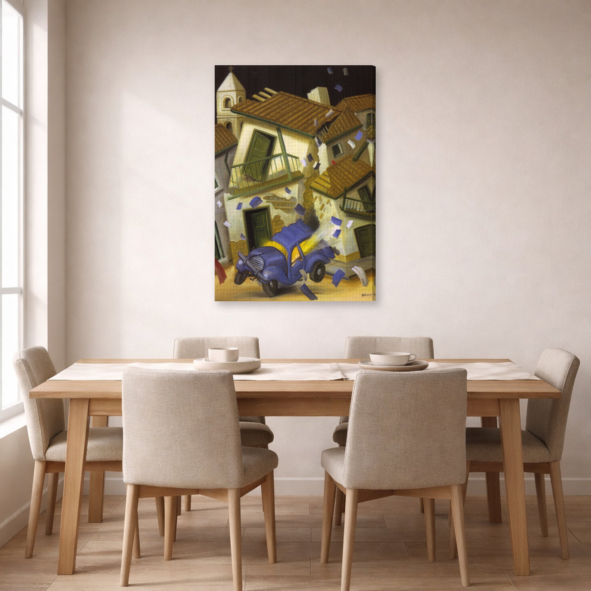 Gallery-wrapped canvas print of Fernando Botero's Car Bomb displayed on a wall in a dining room